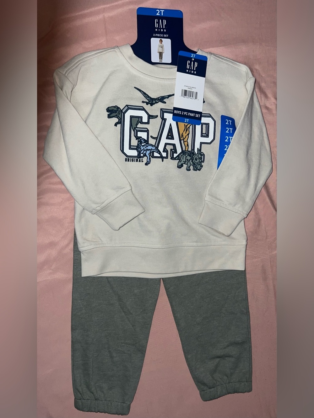 GAP Kids Cream Dinosaur Logo Sweatshirt with Green Jogger Pants